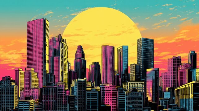 Sunset or sunrise Modern city skyscrapers panorama of tall buildings, urban background. Pop art retro vector illustration comic style vintage