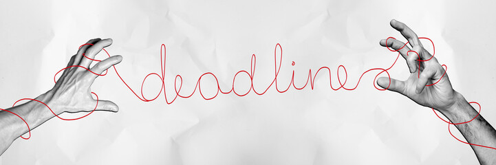 Composite panoramic collage of hands hold red rope deadline inscription late punctuality pressure...