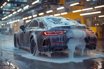 Obraz premium Automobile Cleaning Service: Water and Foam Action in Professional Car Wash