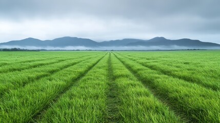 Naklejka premium Green Meadow with Mountains in the Distance