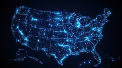 The United States map, depicted as a glowing network on a dark background, with bright lines