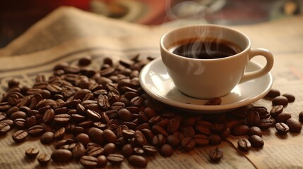 A Cup of Coffee with Steam Rising Surrounded by Coffee Beans