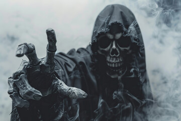 Scary grim reaper with scythe in hell on dark background with dramatic background