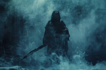 Obraz premium Scary grim reaper with scythe in hell on dark background with dramatic background