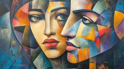 Woman and man couple in an abstract cubist or cubism style painting