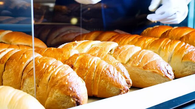 golden  baguette baking in a professional oven, with steam rising, showing off the crisp crust and fluffy interior