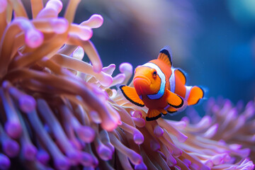 A fantastically beautiful bright clownfish swims in sea among the corals
