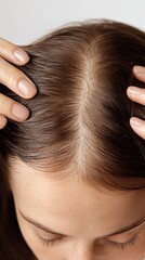 Obraz premium Woman assessing hair condition, natural light.