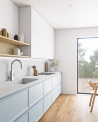 A modern kitchen with a bright design with attractive natural elements and details
