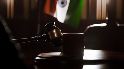 Gavel striking block, Indian flag, justice, authority, courtroom atmosphere, Legal Services Day.






