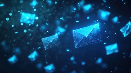 A digital background with glowing blue envelopes on a dark background, representing fast and modern email marketing. A background of a digital email icon floating in the air, newsletter concept.