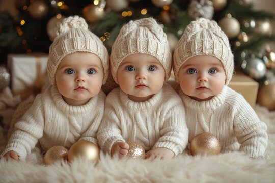 Triplets. Three cute baby triplets in white knitted hats on Christmas tree background.