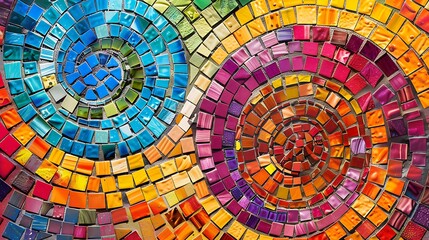 A contemporary mosaic design with large and small circular tiles in an array of vibrant colors, creating a sense of movement and rhythm in the artwork. 8k UHD, suitable for high-quality printing 