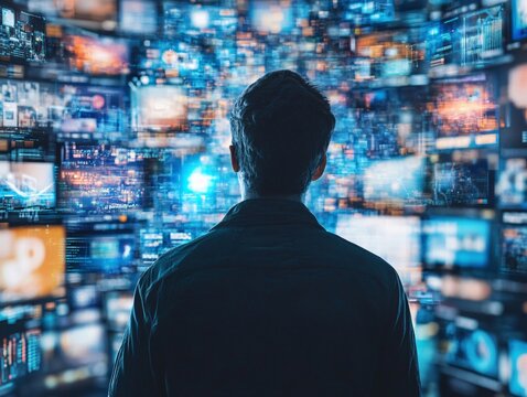 Person viewing multiple screens of data.