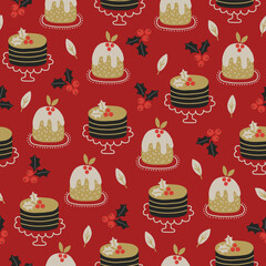 Christmas seamless pattern with cakes and holly berry. Vector illustration