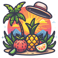 Naklejka premium A tropical scene with a pineapple, orange, and lime on a table. The sun is setting behind the mountains in the background Latino American style