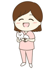 猫を抱っこしている動物看護師さんのゆるかわイラスト
