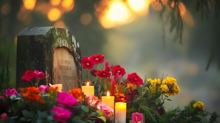 All Souls' Day - A serene gravestone adorned with flowers and candles in mist.






