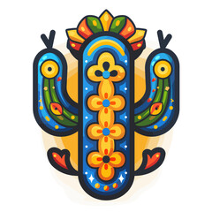 A colorful cactus with a bird on it. The cactus is decorated with flowers and has a bird on top of it Latino American style