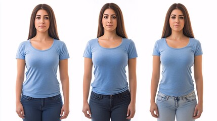 Obraz premium Woman in blue shirt, white isolated background