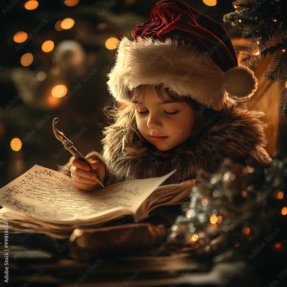 Poster Little girl in a Santa hat writes a Christmas list by a decorated tree.