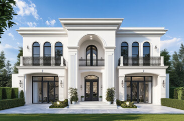 Fototapeta premium 3D rendering of a two-story villa, with white walls featuring simple decorative elements and black windows