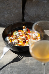 Grilled bell peppers with creamy cheese and crispy croutons, ideal for healthy meals, vegetarian...