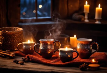 steaming mugs filled cozy warm drinks infused spices exuding comfort warmth, cup, beverage, coffee, cocoa, cinnamon, nutmeg, ginger, clove, milk, chocolate