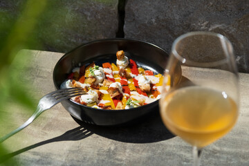 Grilled bell peppers with creamy cheese and crispy croutons, ideal for healthy meals, vegetarian dishes, or gourmet appetizers.