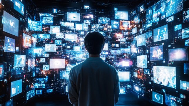 Person observing multiple digital screens - Powered by Adobe