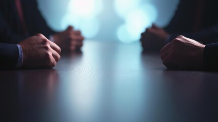 Businesspeople seated at opposite ends of a long table during tense negotiation talks, opposing sides, intense negotiation environment