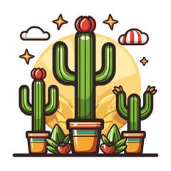 Three cacti are in pots, with one of them having a red flower on top