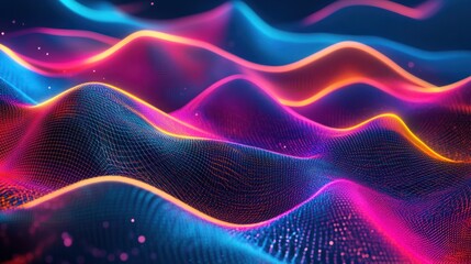 Abstract digital technology waves background with neon lines, futuristic cyber virtual landscape concept, glowing particles and innovative mesh design pattern