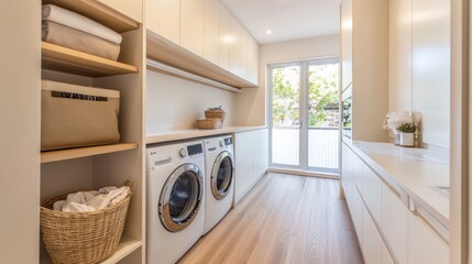 This modern laundry room showcases built-in washing and drying machines, complemented by sleek cabinetry and a basket of laundry nearby. Generative AI