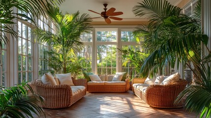 Fototapeta premium A tropical inspired sunroom with large palm trees, wicker furniture, and a ceiling fan to stir the warm air