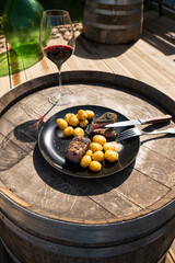 A juicy pepper steak served alongside crispy roasted potatoes. This hearty dish is perfect for meat lovers, offering bold flavors and a satisfying meal.