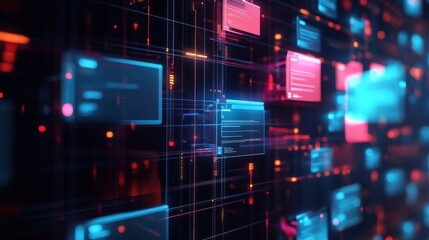 Abstract network grid with files and folders, futuristic software interface, digital document management system, store, search and organize documents, corporate business, paperless office