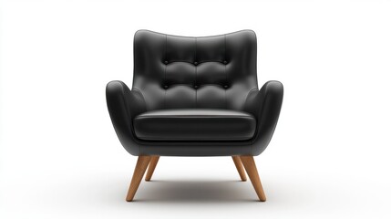 A modern leather armchair with wooden legs, isolated on a white background