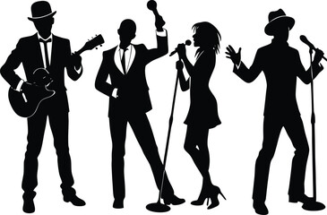 Set of black singer silhouettes, Set of black musicians silhouettes, Musicians vector silhouette set, Singer silhouette vector illustration on black and white.