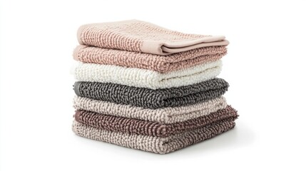 A stack of folded washcloths in neutral colors, isolated on a white background