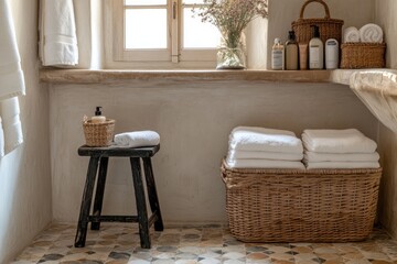 Rustic and Elegant Bathroom in Neutral Tones with Vintage Tiles