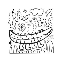 Cute card with kid scribble doodle. Hand drawn childish funny simple vector illustration. Crocodile, flowers and leaves children draw style design
