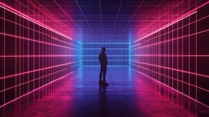 An advocate for digital privacy in a room that looks like a 3D grid, lit by neon and under black light