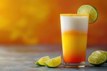 Fototapeta premium Refreshing Layered Tequila Sunrise Cocktail with Lime for a Tropical Summer Drink Inspiration
