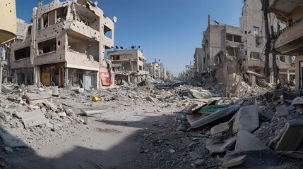 A wide angle shot of a war torn city block with buildings reduced to rubble and debris scattered everywhere creating an apocalyptic and dystopian scene of destruction and desolation