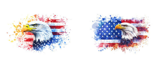 Obraz premium Abstract American flag and eagle head with paint splashes illustration on a white background.