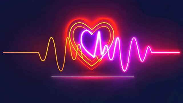 A heart is shown in a colorful, abstract style with a wave pattern surrounding it. The heart is surrounded by a series of lines that create a sense of movement and energy. Scene is one of excitement