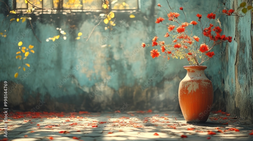 Poster Red flowers in a clay vase in an abandoned room with sunlight streaming in.