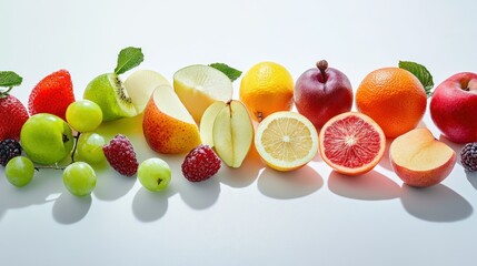 A Row of Colorful Fruit Slices and Whole Fruits