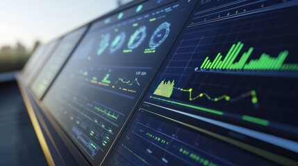 Close-up of a solar energy monitoring system display showing real-time data on production, consumption, and efficiency of solar energy